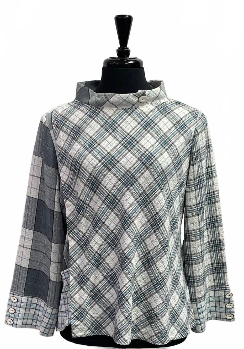 NEW HABITAT women's girl gone plaid asymmetrical top in blue